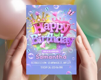 Plantilla de invitación de cumpleaños para niñas: Invitación editable para fiesta infantil (descarga digital)