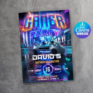 Video Game, Gaming Birthday Invitation Template, Printable Birthday Party Invitations, Digital Kids Party Invite Template, Gaming Invite