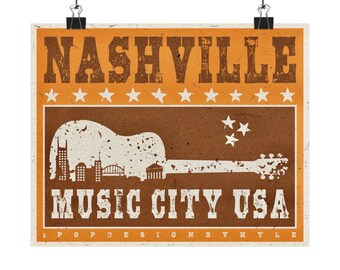 Nashville, la ciudad de la música de EE. UU. / Lámina artística original de Nashville, Tennessee, de 25 x 20 cm (10" x 8")