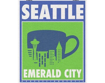 Café de Seattle / Lámina artística original de Seattle de 20 x 25 cm (8" x 10")