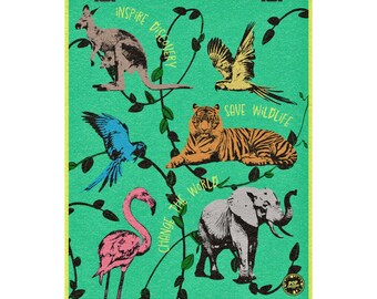 Salva la vida silvestre / Lámina artística original de 20 x 25 cm (8" x 10") con diseño de conservación de la vida silvestre y animales del zoológico.
