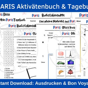 May include: A colorful printable activity book for kids featuring Paris landmarks, puzzles, and games. The book includes a word search, a crossword puzzle, a maze, and a space invader game. The book is titled "Paris Aktiv&auml;tenbuch & Tagebuch".