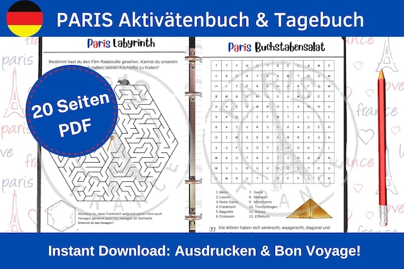 PARIS Aktivitätenbuch für Kinder |  Reise Tagebuch | Reisespiele | Zum Ausdrucken & auf Deutsch | Paris Printable