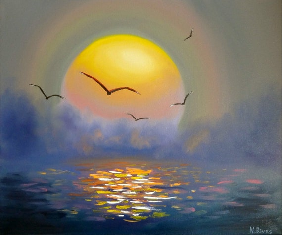 Sunset Original Oil Painting Seascape Art Sun Wall Art Fantasy Painting Living Room Art Lake House Decor Canvas 20x24" by Natalia Rivas