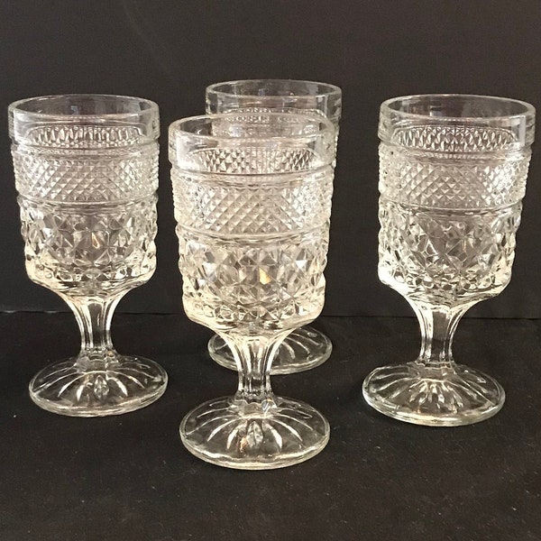 Vintage Anchor Hocking Clear Wexford Diamond Cut Wine Glasses  (Set of 4) 1960's
