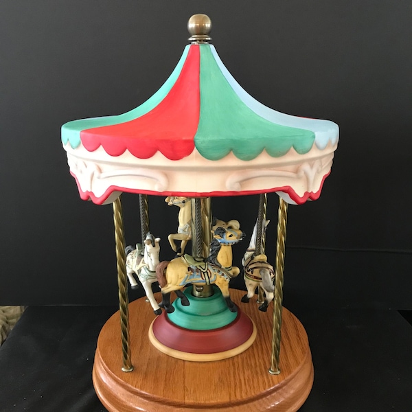 Vintage Large Musical Carousel Willitts Porcelain Wood Brass