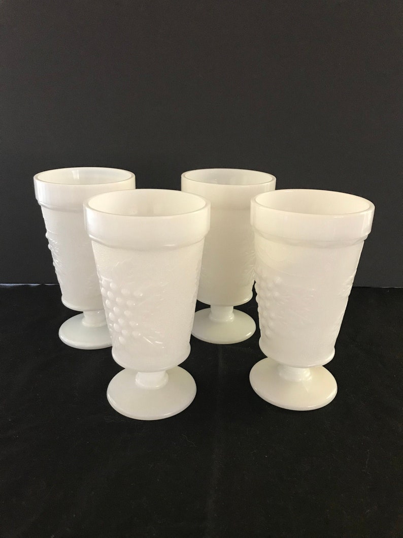 Vintage Harvest Grape Design Footed White Milk Glass Goblets Set of