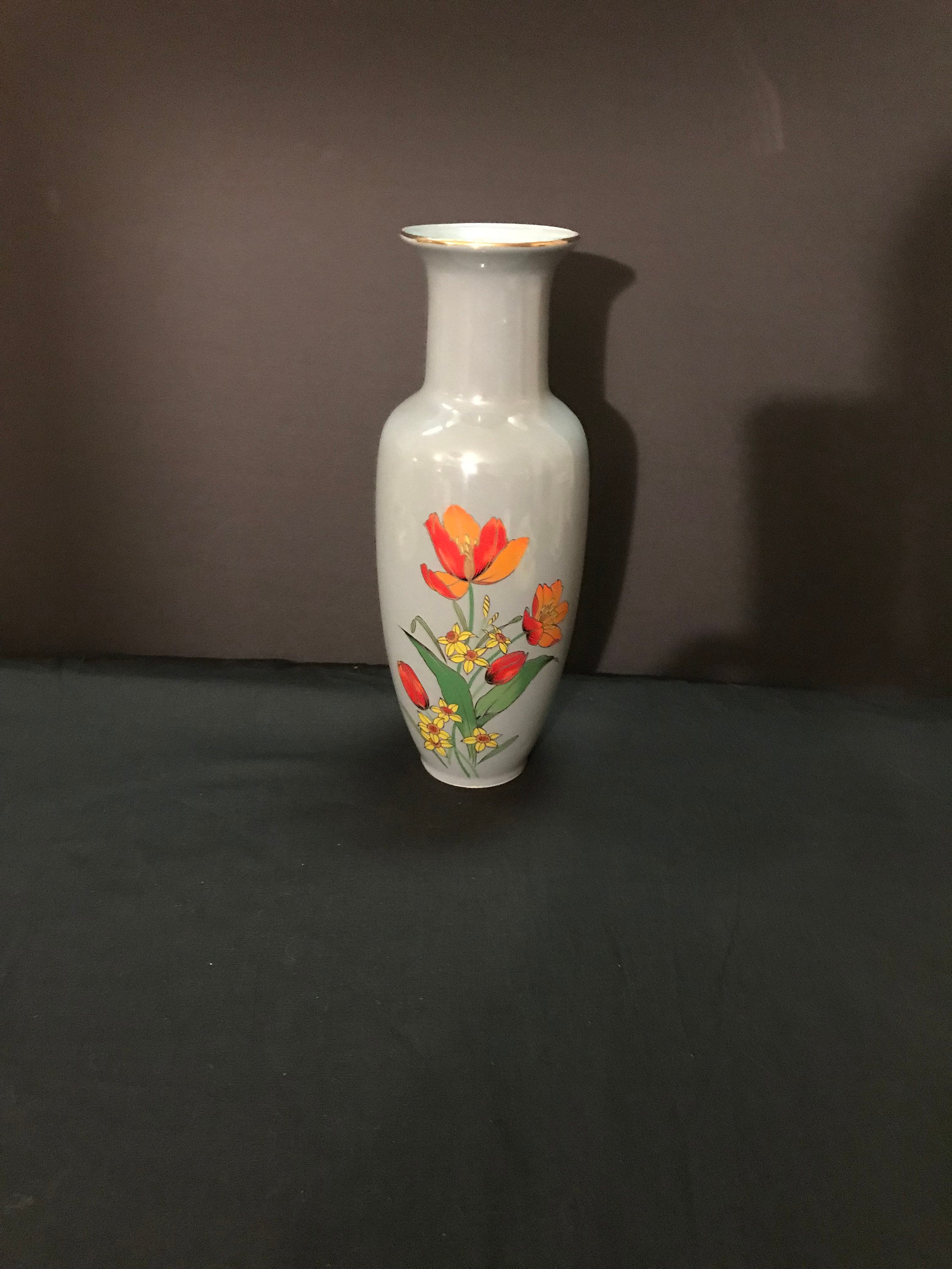 Vintage Blue-Gray Urn Shaped Vase Gold Rim and Accent Orange, Red, Yellow Flowers by Action 1960's