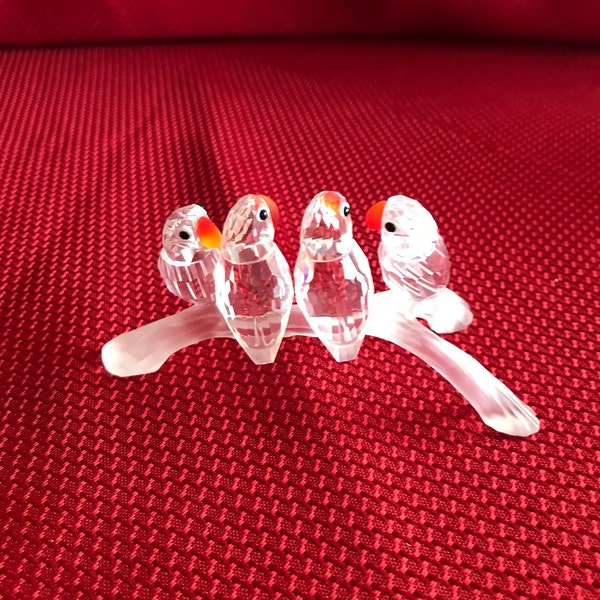 Vintage Swarovski Crystal (4) Budgie Parrots on Frosted Crystal Branch