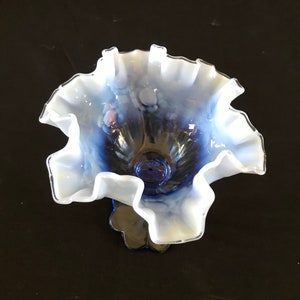 Fenton Blue Opalescent Glass Ruffled Top Edge Candy Dish