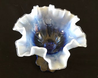 Fenton Blue Opalescent Glass Ruffled Top Edge Candy Dish