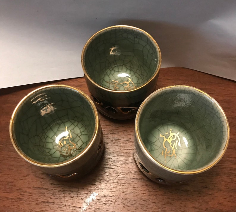 Vintage Set of 3 Japanese Sake Cups Double Wall Somayaki Etsy