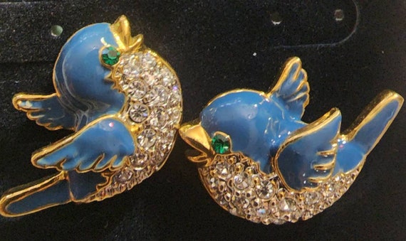 Matching broach and earrings Blue Bird and Crystal - image 1
