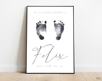 Birth, Poster, Personalized Gifts, Image Children's Room, Digital, Wall Deco, Self-Print, PDF, Birth Poster, Hand & Footprint