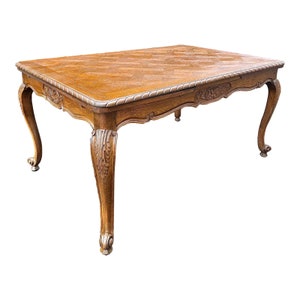 Late 19th Century French Parquet Top Acanthus Carved Oak Dining Refectory Table Newly Refinished image 1