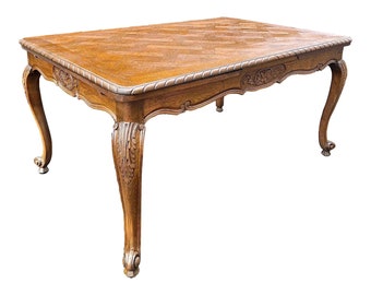 Late 19th Century French Parquet Top Acanthus Carved Oak Dining Refectory Table - Newly Refinished