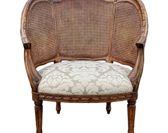 Carved Louis XV Style Caned Barrel Back Oversized Wing Chair