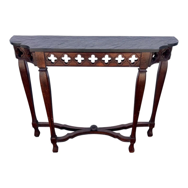 Vintage Early 20th Century Tudor Style Oak Slate Top Petite Console Entryway Table image 1
