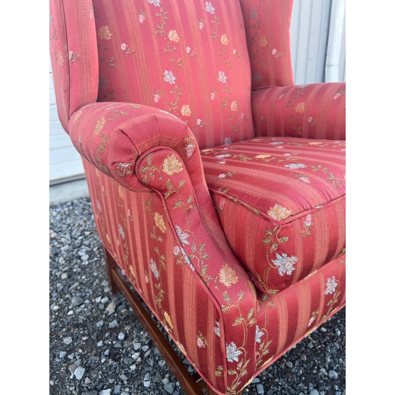 Vintage Chippendale Wingback Chair Recently Reupholstered in Floral Embroidered Tonal Striped Fabric image 6