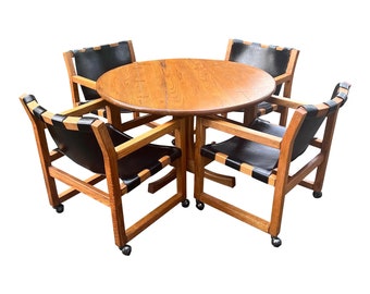 Vintage 1950s Russel Wright for Conant Ball Mid Century Leather Sling Chairs and Oak Dining Table