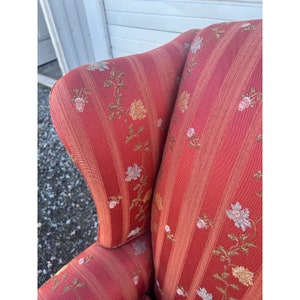 Vintage Chippendale Wingback Chair Recently Reupholstered in Floral Embroidered Tonal Striped Fabric image 9
