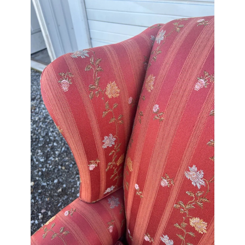 Vintage Chippendale Wingback Chair Recently Reupholstered in Floral Embroidered Tonal Striped Fabric image 9