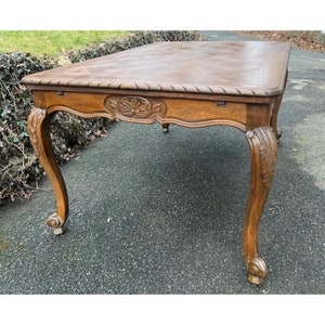 Late 19th Century French Parquet Top Acanthus Carved Oak Dining Refectory Table Newly Refinished image 4