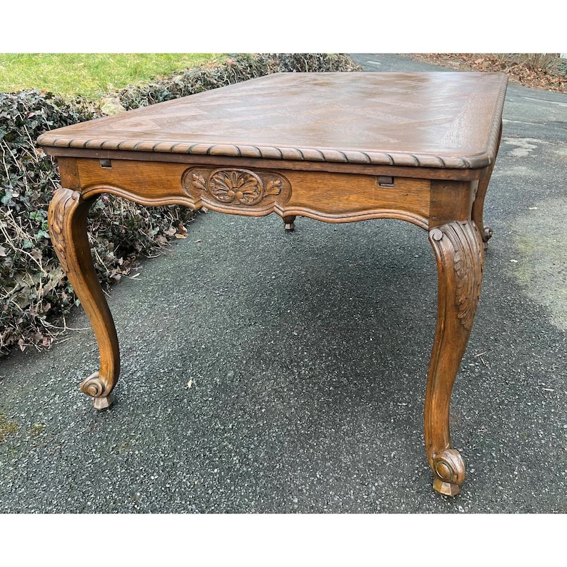 Late 19th Century French Parquet Top Acanthus Carved Oak Dining Refectory Table Newly Refinished image 4