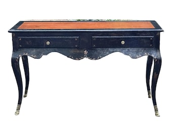 Rustic European Paint Decorated Leather Top Console
