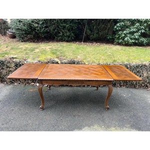 Late 19th Century French Parquet Top Acanthus Carved Oak Dining Refectory Table Newly Refinished image 3