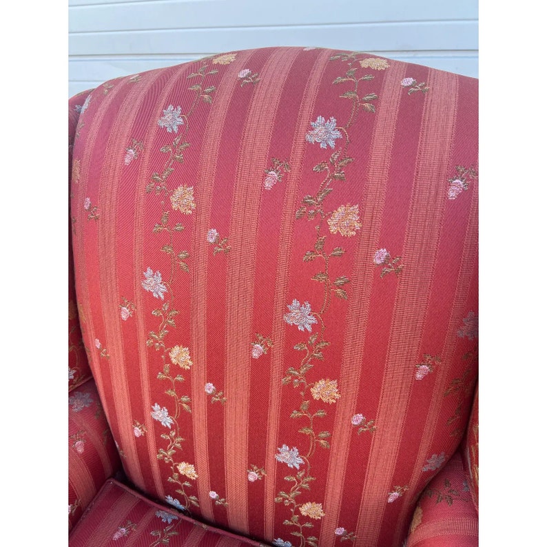 Vintage Chippendale Wingback Chair Recently Reupholstered in Floral Embroidered Tonal Striped Fabric image 8