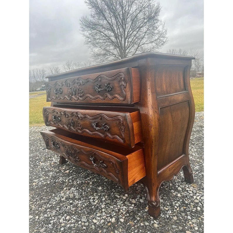 Vintage 1980s Carved Three Drawer Rustic French Commode Dresser image 7