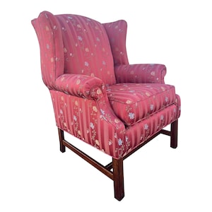 Vintage Chippendale Wingback Chair Recently Reupholstered in Floral Embroidered Tonal Striped Fabric image 1