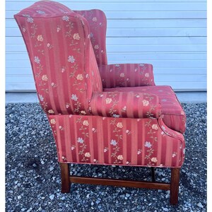 Vintage Chippendale Wingback Chair Recently Reupholstered in Floral Embroidered Tonal Striped Fabric image 5