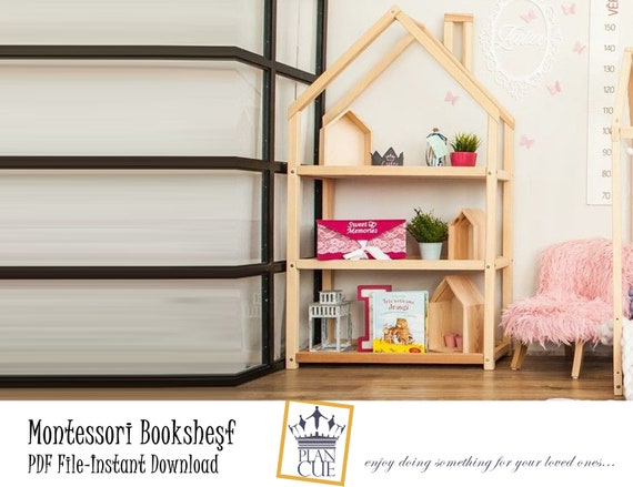 Montessori Kids Bookcase Plan House Shaped Wooden Bookshelf Etsy
