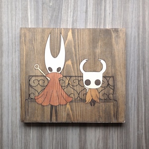 Hollow Knight Wood Burned and Stained Wall Art, Knight and Hornet on Bench