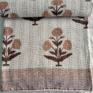 Kantha quilt brown hand block print kantha bedspread handmade indian cotton kantha quilt queen handmade kantha throw brown floral print