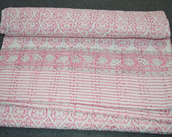 Handmade Cotton Vintage Block Print Kantha Quilt Indian Bedspread Single Blanket