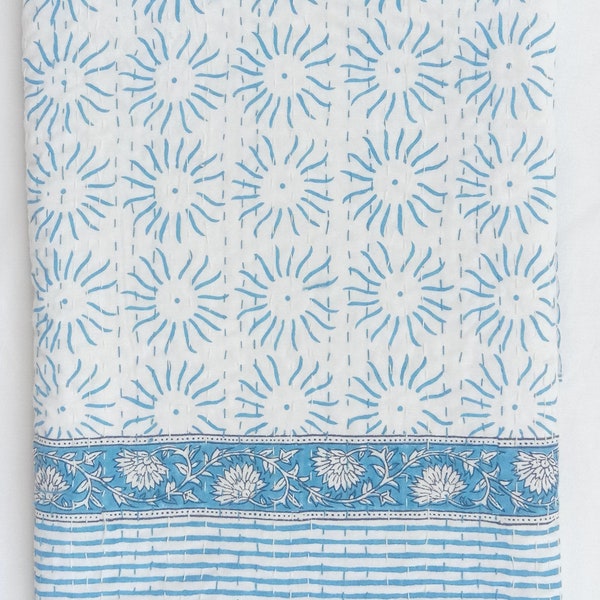 Indian White & Blue Indian Block Print kantha quilt 100% Cotton Blue bedspread Blue Kantha Bedding Throw Pure Cotton Blue kantha Blue Quilt