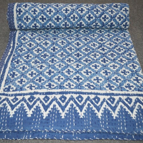 Blue Kantha Quilt King Size Hand Stitch Kantha Ajrakh Bedcover Etsy