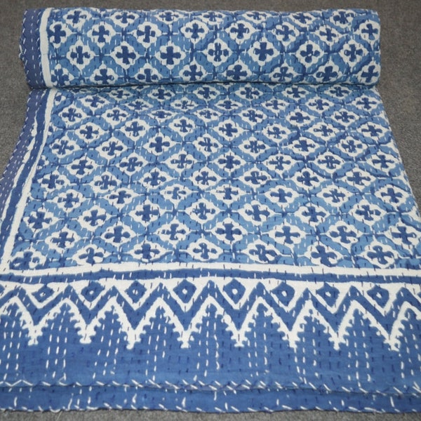 Indian Cotton Handmade Blue Indigo Kantha Quilt Hand Block Bedding Bedspread King Size Kantha Bed Cover Throw Blanket