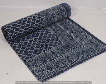 Indigo Handmade Cotton Kantha Quilt Blue Hand Block Cotton Kantha Throw