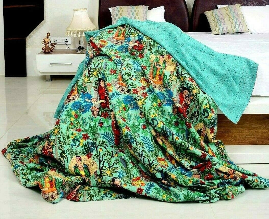 Frida Kahlo Printed Cotton Quilted Blanket Indian Handmade Bedspread Kantha Work Bohemian Bed Decor Throw Blanket Room Decor Quilt For Sale