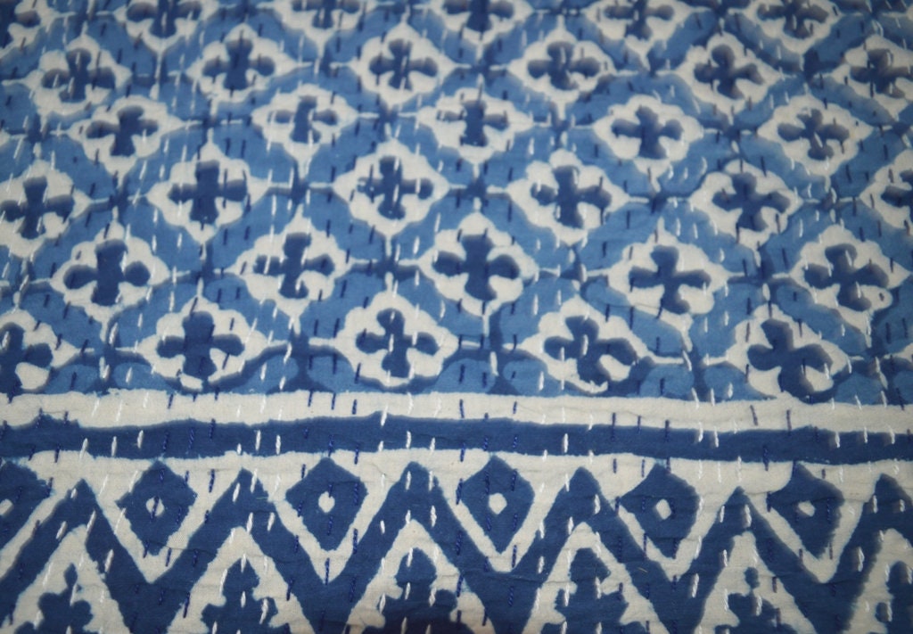 Blue Kantha Quilt King Size Hand Stitch Kantha Ajrakh Bedcover - Etsy