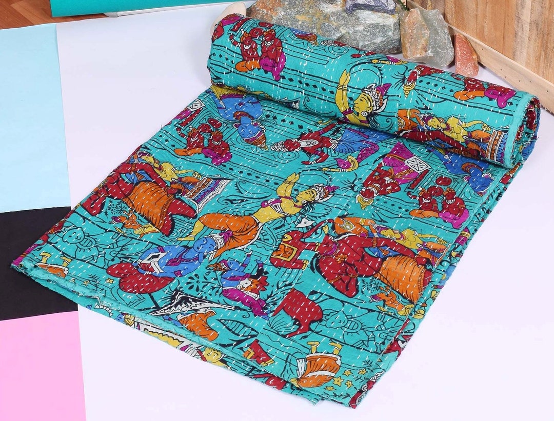 Kantha Quilt Queen Floral Kantha Quilted Bedspread Throw Blanket Cotton Handmade Kantha