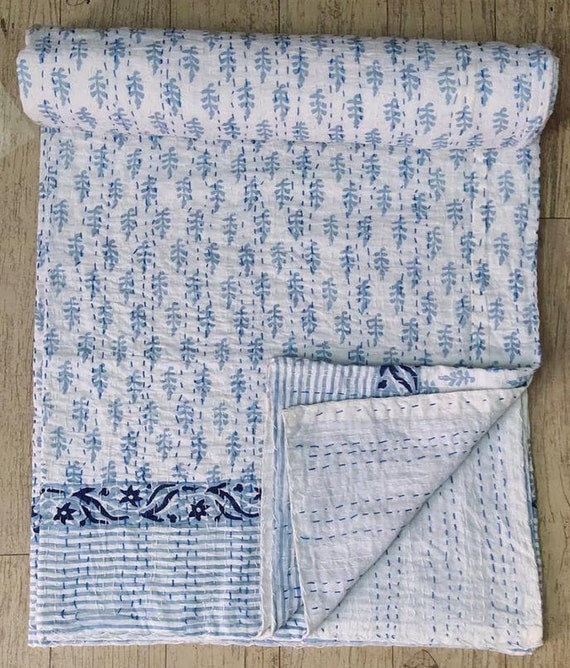 Indian Indigo Blue Floral Hand Block Kantha Quilt Cotton Bedspread King Size 