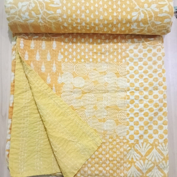 Yellow Patchwork Print kantha quilt bedspread queen size quilt Indian kantha throw Kantha Block Printed Kantha Blanket Indian yellow quilt