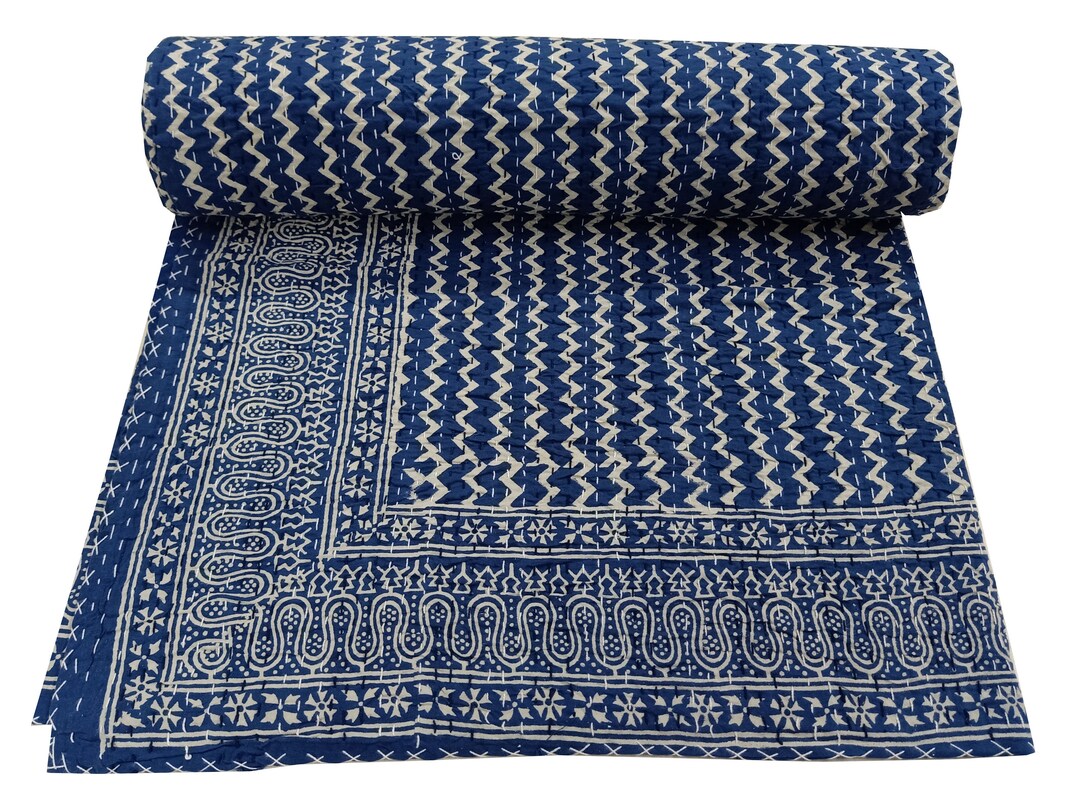 thumbnail image 2 of Handmade Indigo Blue Patchwork Kantha Quilt - Twin Size, 100% Cotton 2 of 5