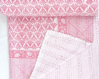 Pink Handblock Print Kantha Quilt, Indian Kantha Quilt, Kantha Bedcover Cotton Blanket Gudari, Kantha Bedspread Blanket Gift for Her