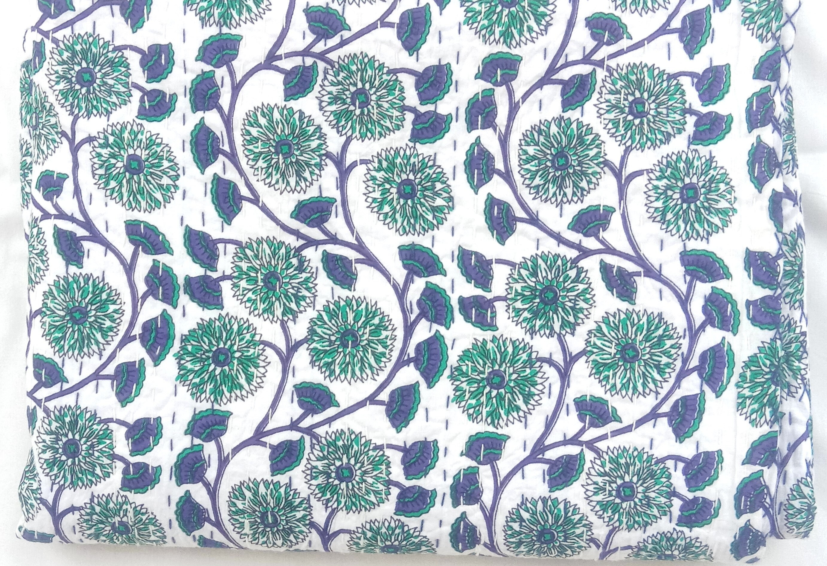 Floral Hand Block Print Queen Kantha Quilt Indian Bedspread Throw Cotton Gudari 